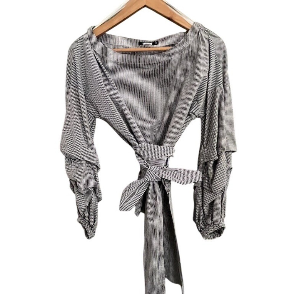 Max Jeans Blouse Womens M Black & White Gingham Wrap Front Balloon Sleeves